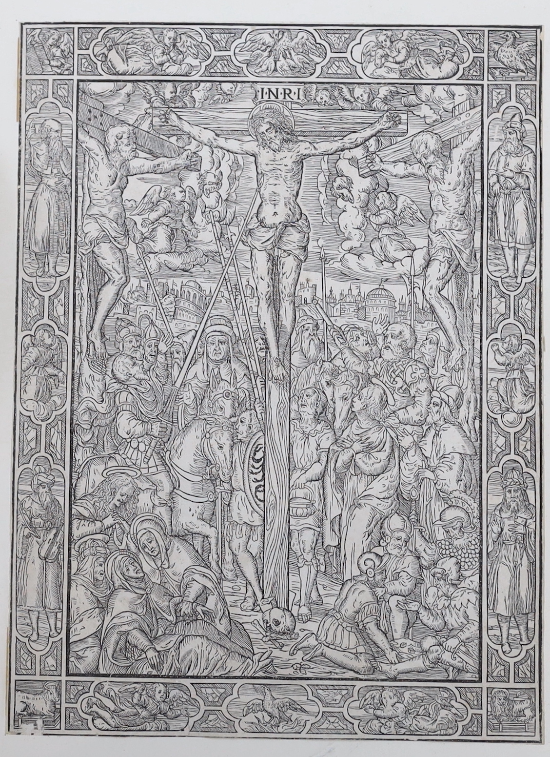 16th century Italian wood engraving, Crucifixion, various inscriptions verso including Office de la Vierge Venice, Marcolini, 1550?, 30cm x 23cm